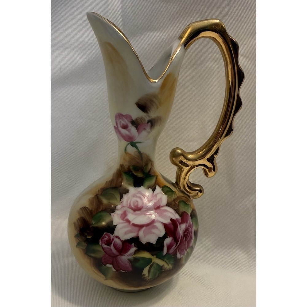 VTG Enesco Porcelain Ewer Vase Hand Painted With Pink & Red Roses W/ Gold Handle